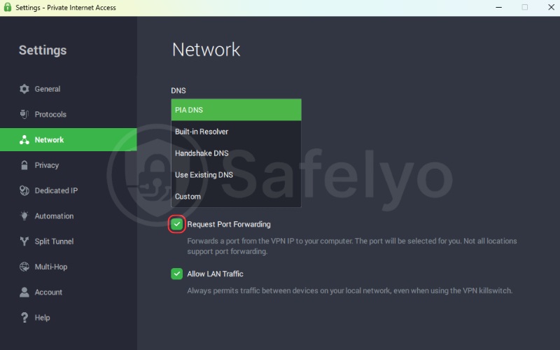 Enable the "Request Port Forwarding" checkbox