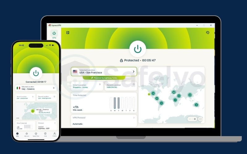 ExpressVPN interface on desktop and mobile devices