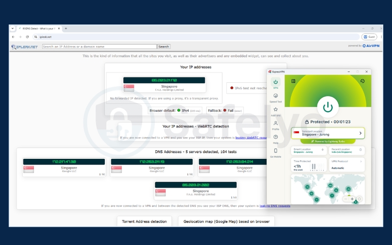 ExpressVPN - IP and DNS leak test results on ipleak.net