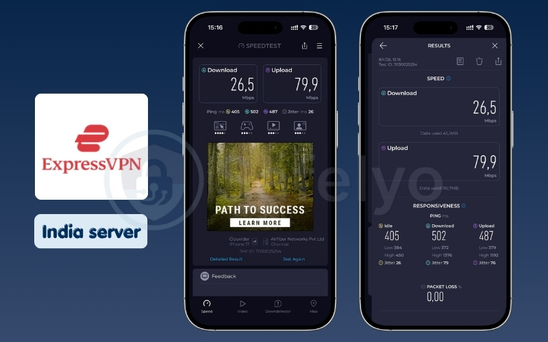 ExpressVPN mobile speed test results on India server