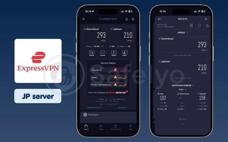 ExpressVPN mobile speed test results on Japan server