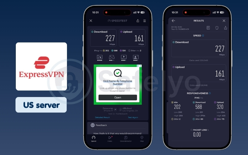ExpressVPN mobile speed test results on US server