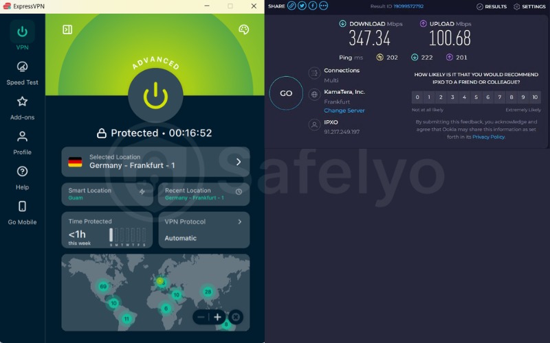 ExpressVPN speed test results on Germany server