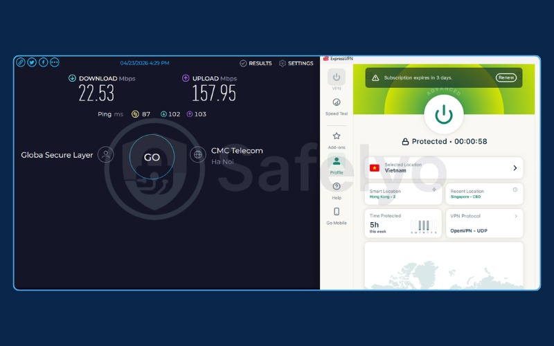 ExpressVPN speed test results using OpenVPN UDP on a nearby server.