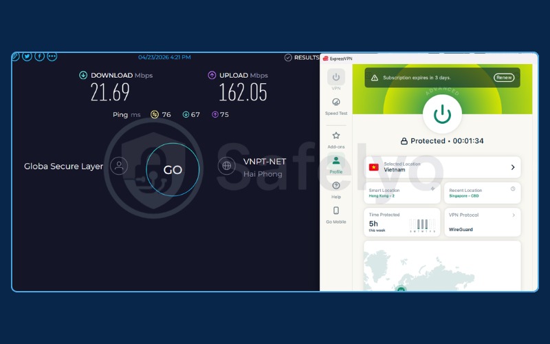 ExpressVPN speed test results using WireGuard on a local server.