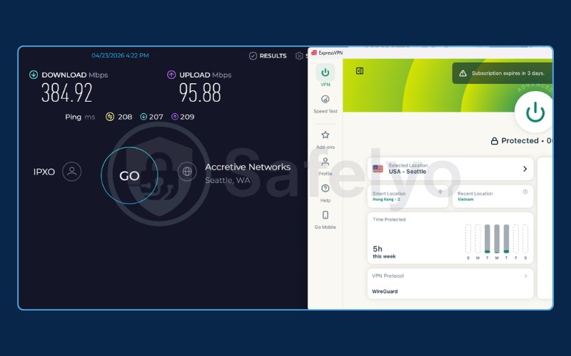 ExpressVPN speed test results using WireGuard on a long-distance server.