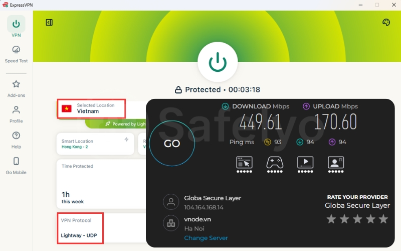 ExpressVPN speed test using Lightway on a local server