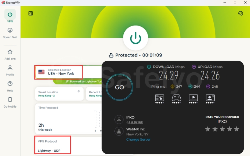 ExpressVPN speed test using Lightway on a long distance server