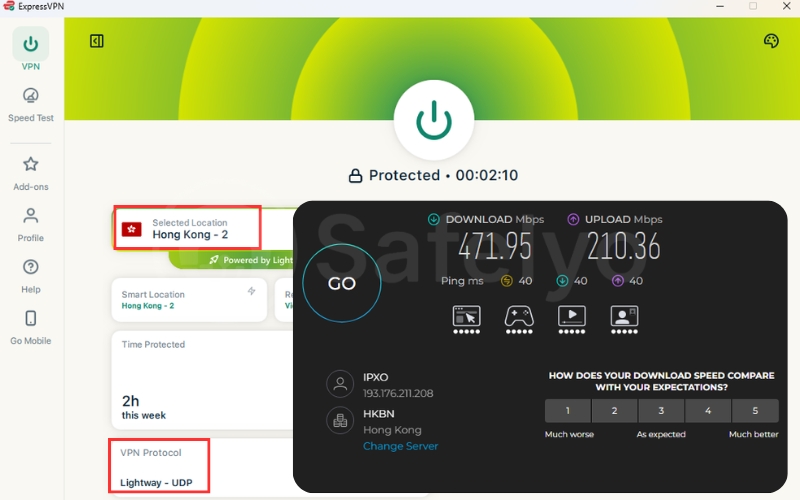 ExpressVPN speed test using Lightway on a nearby server