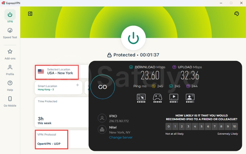 ExpressVPN speed test using OpenVPN on a long distance server