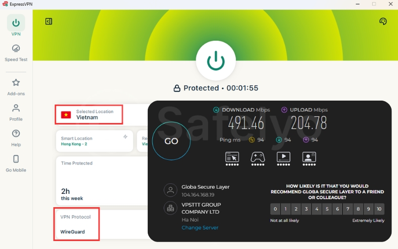 ExpressVPN speed test using Wireguard on a local server