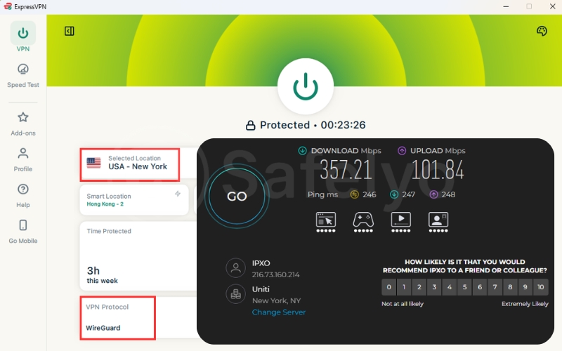 ExpressVPN speed test using Wireguard on a long distance server