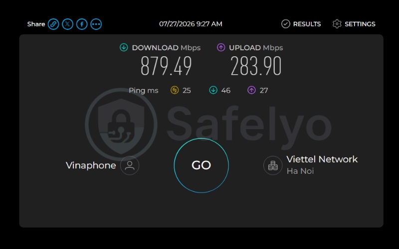 Speed test results for baseline connection without VPN