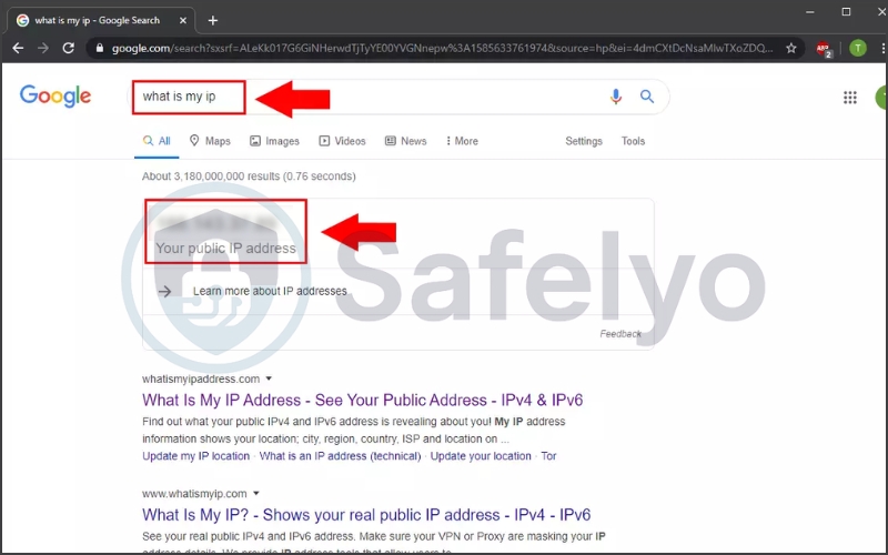 Find your public IP address by searching in the Google search bar