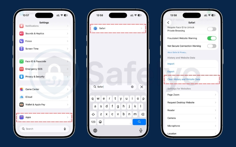 Go to Settings > Apps > Safari and tap Clear History and Website Data