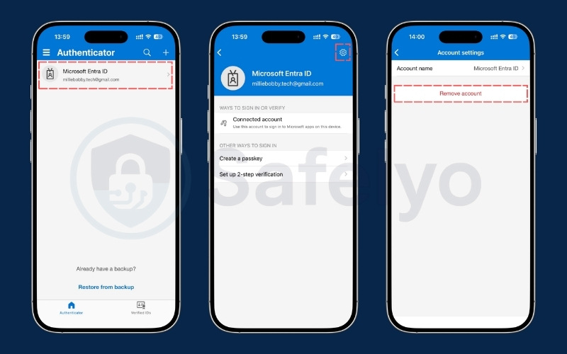Tap your work account > Gear icon > Remove account