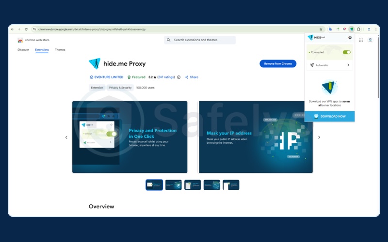 Hide.me free browser extension interface