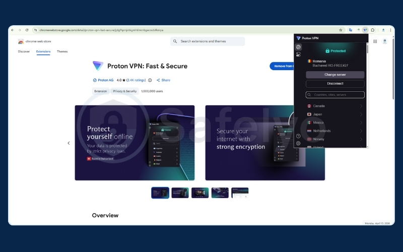 ProtonVPN free browser extension interface
