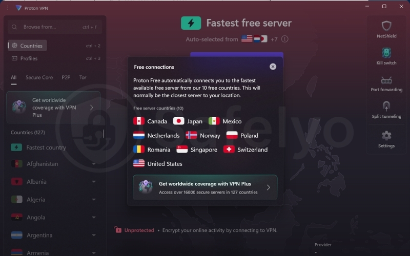 Random location on the Proton VPN free version Random location on the Proton VPN free version