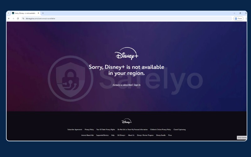 Geo-blocking notification displayed when accessing Disney+