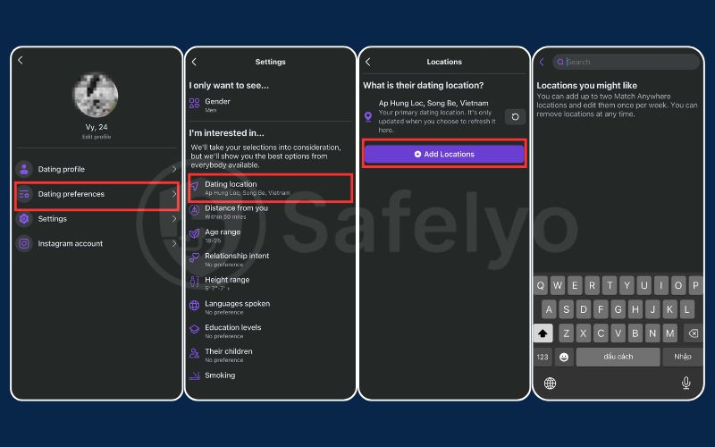Go to Dating preferences and add new location