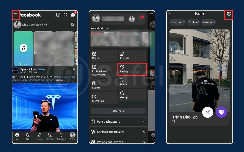 Go to Facebook menu and choose dating