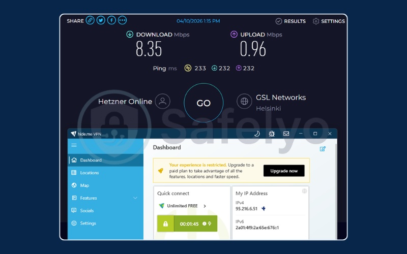 Hide.me speed test results on Finland free server