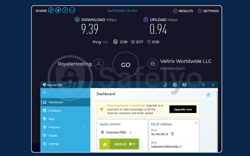 Hide.me speed test results on Netherlands free server