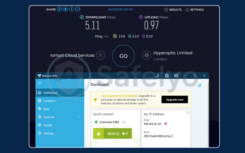 Hide.me speed test results on UK free server