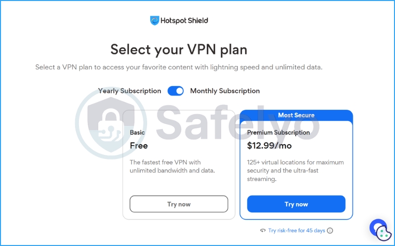Hotspot Shield VPN monthly subscription pricing