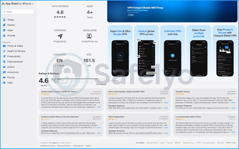 Hotspot Shield VPN rating and review on Apple App Store