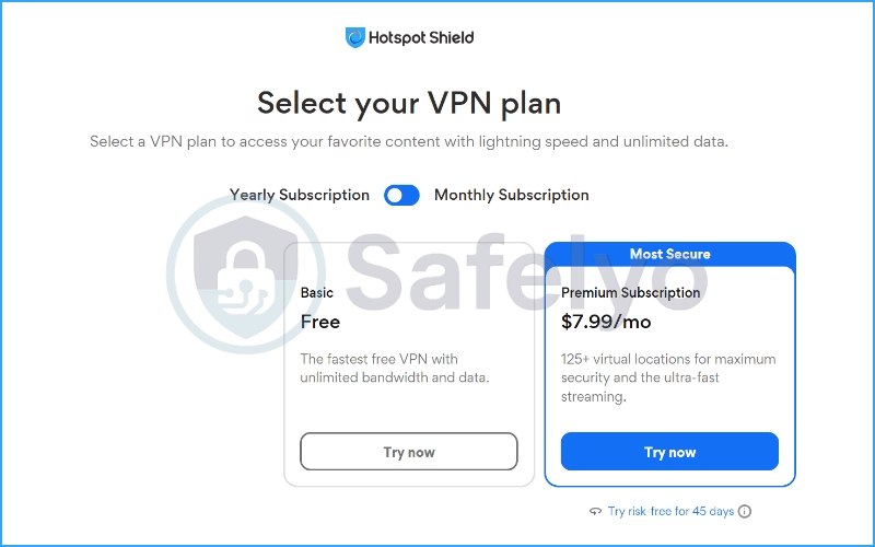 Hotspot Shield VPN yearly subscription pricing