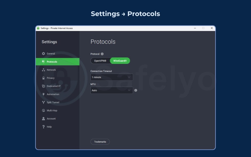 How to select Wireguard protocol on PIA VPN
