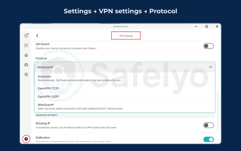 How to select Wireguard protocol on Surfshark