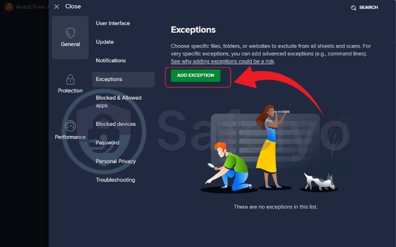 Click the "Add Exception" button to add a website to Avast Antivirus