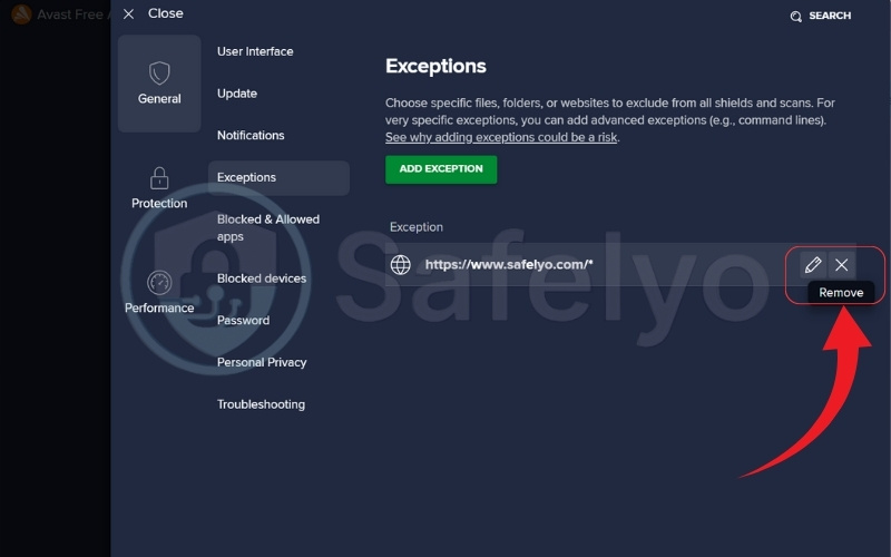The way to remove a website from the Avast exception list