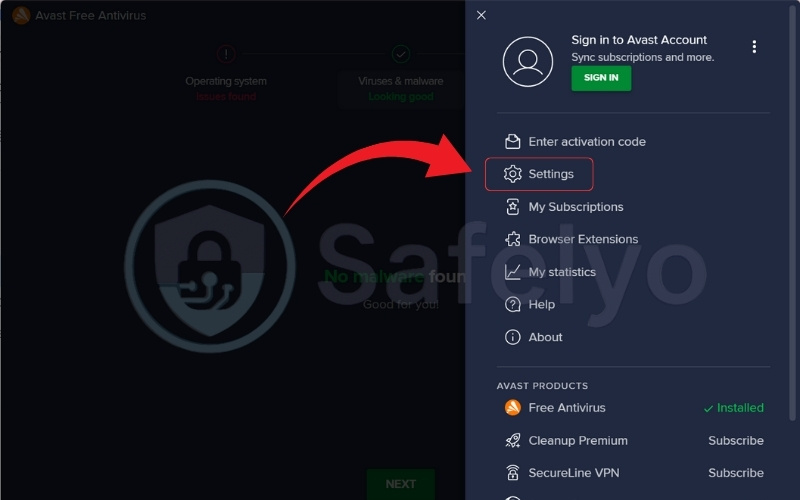 Open a dropdown list, select Settings