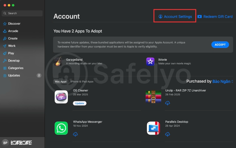In Apple store, go to Account settings