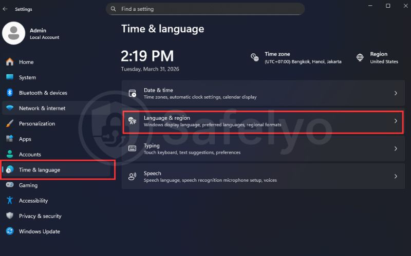 In Time and Language section, choose Language and Region