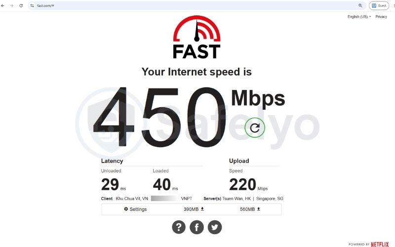 Internet speed test result on Fast.com