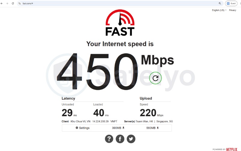 Internet speed test result on Fast.com