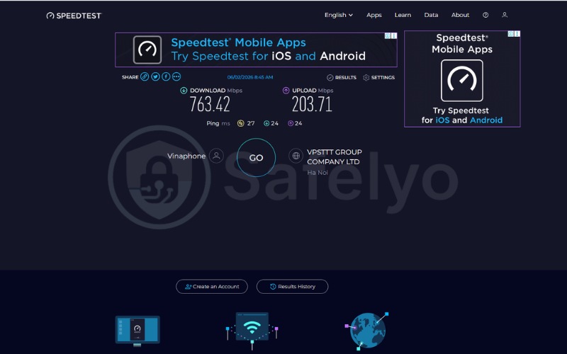 Internet speed test result on Speedtest.net