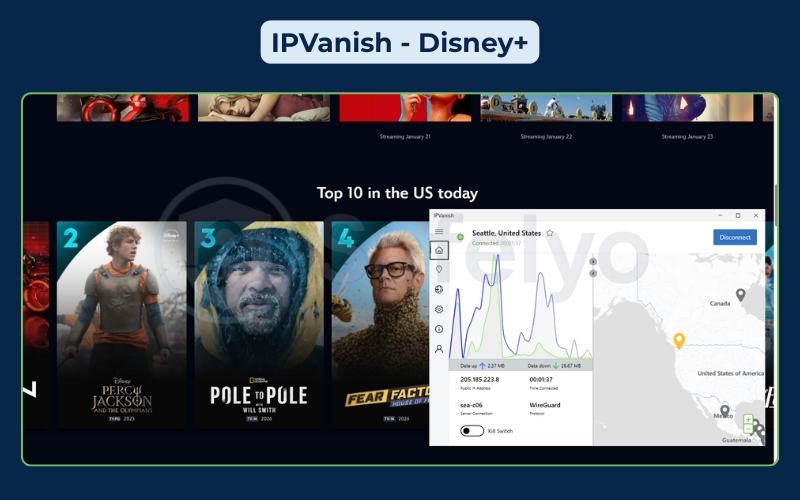 Successful unblocking of Disney+ through IPVanish