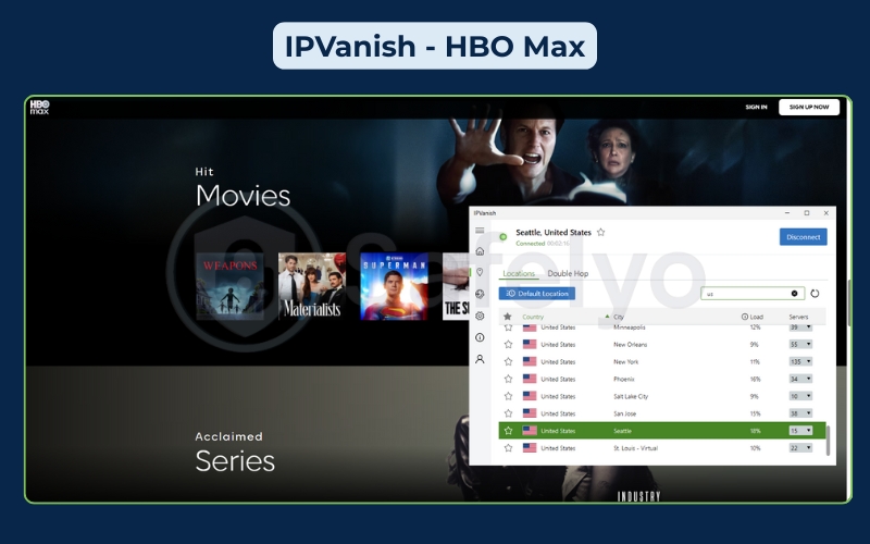 Successful unblocking of HBO Max through IPVanish