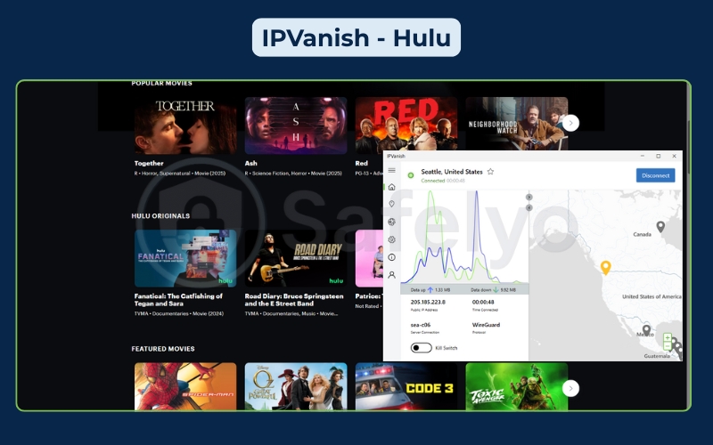 Successful unblocking of Hulu through IPVanish
