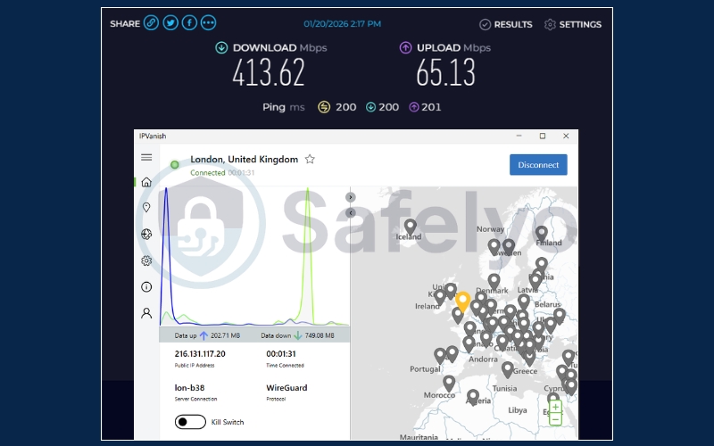 IPVanish speedtest in UK server