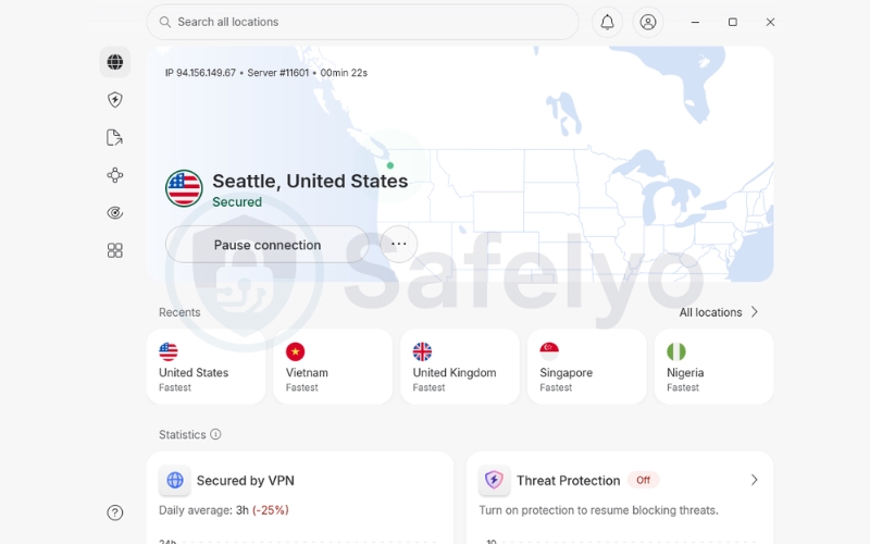 Launch VPN application and connect to a secure server location