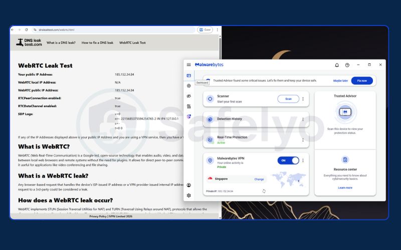 Malwarebytes VPN – WebRTC leak test