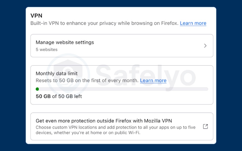 Managing VPN website exceptions in Firefox