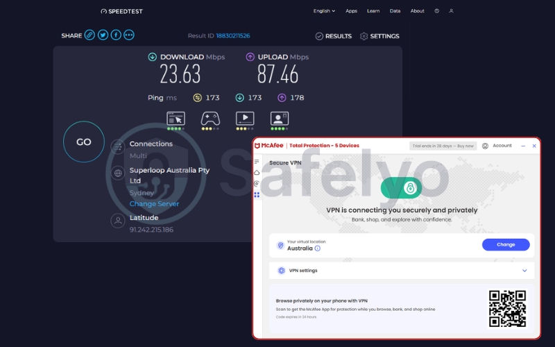 McAfee VPN speed test for the Aus server